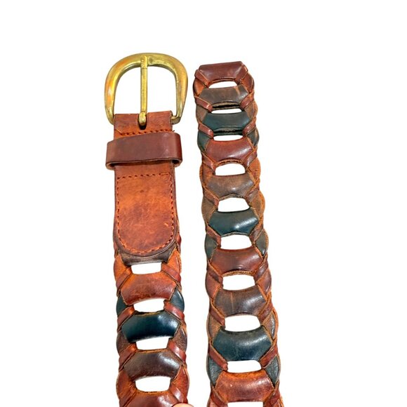 County Seat Multicolor Leather Belt Sz S Rustic Link Woven VTG 70s Brass Buckle main image 5